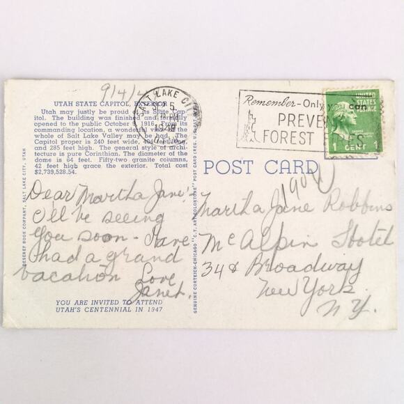 Utah State Capitol Building Salt Lake City UT 1940s Linen Postcard 1949 - Picture 2 of 2